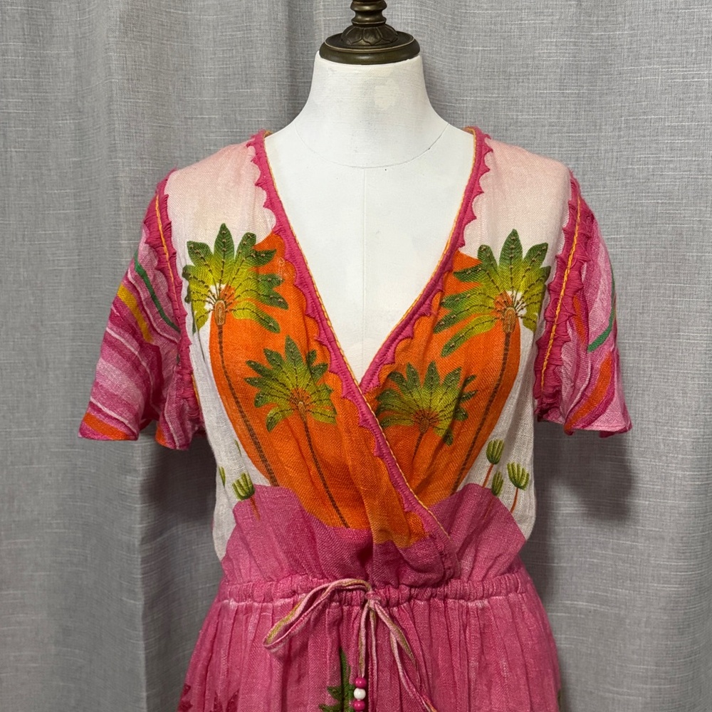 Pin-Up Stars Linen Maxi Dress-Sz S-Flutter Sleeve-Pink/Orange/Green-Sexy V Neck - Picture 4 of 17